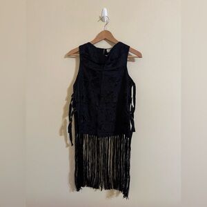 Sea New York Priscilla Embroidery Cowl Neck Fringe Vest Black Size XS